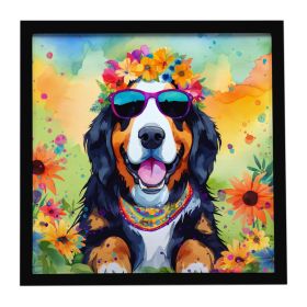 Bernese Mountain Dog Hippie Dawg Framed Metal Print Bathroom, Kitchen, Office, Home Decor Wall Art Ready to Hang, Square, 8X8